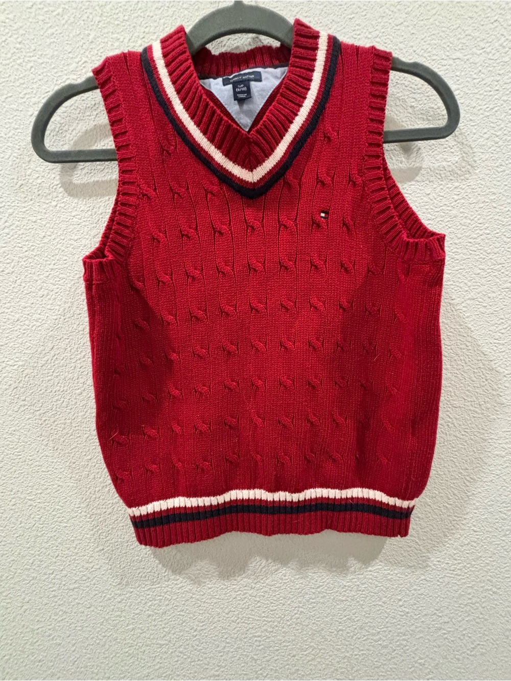 Tommy Hilfiger Red Cable-Knit V-Neck Sweater Vest with Navy & White Trim